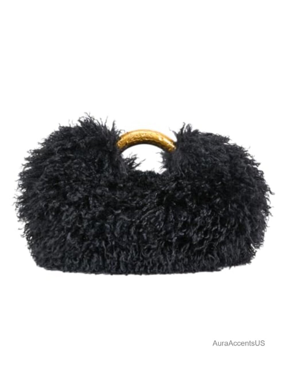 Faux Fur Top Handle Handbag Half Moon Clutch with Gold Metal Handle